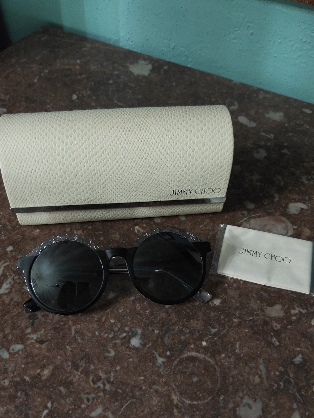 Jimmy Choo Black Round Sunglasses with Cream Textured Case